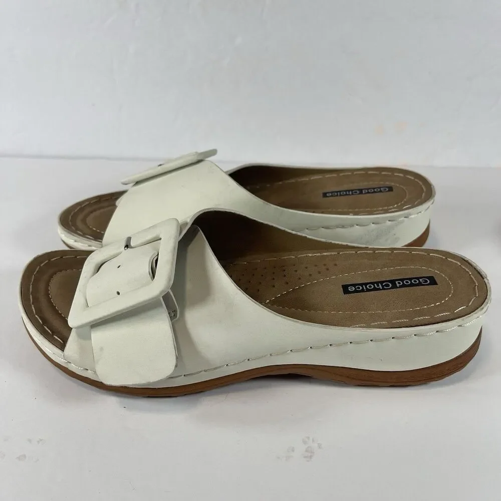 Good Choice Women’s White Buckle Slide Sandals – Size 8